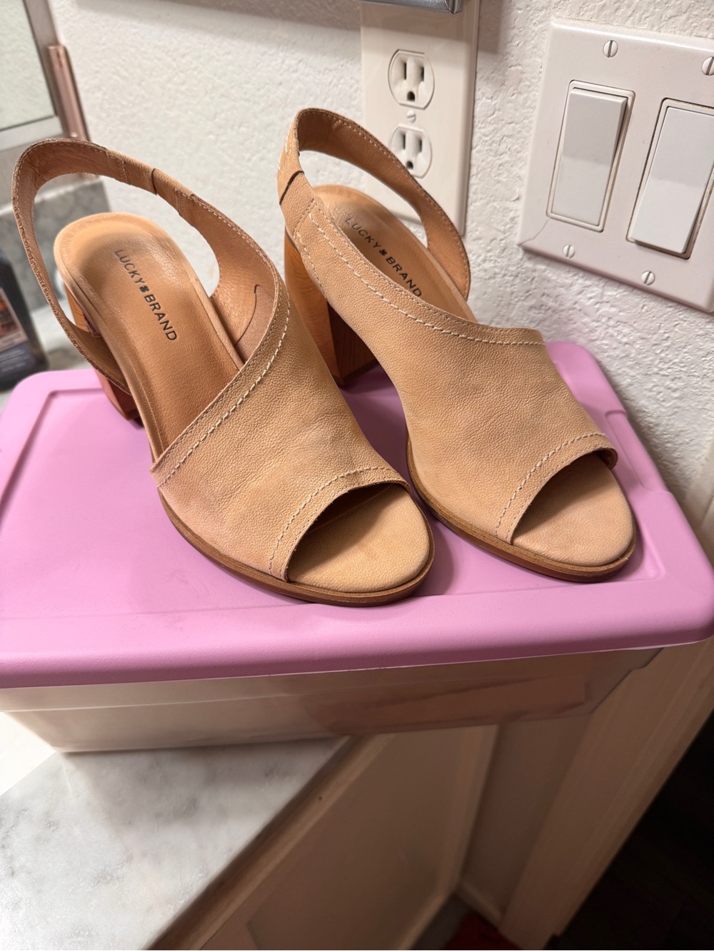 Lucky Brand Women's Beige Open-Toe Slingback Block Heels